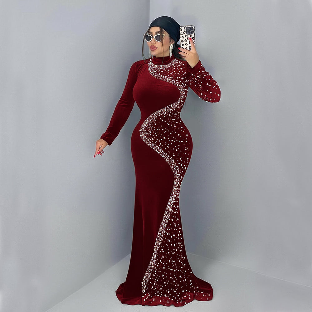 C7616 cross-border   fashion women's elegant velvet rhinestone dress