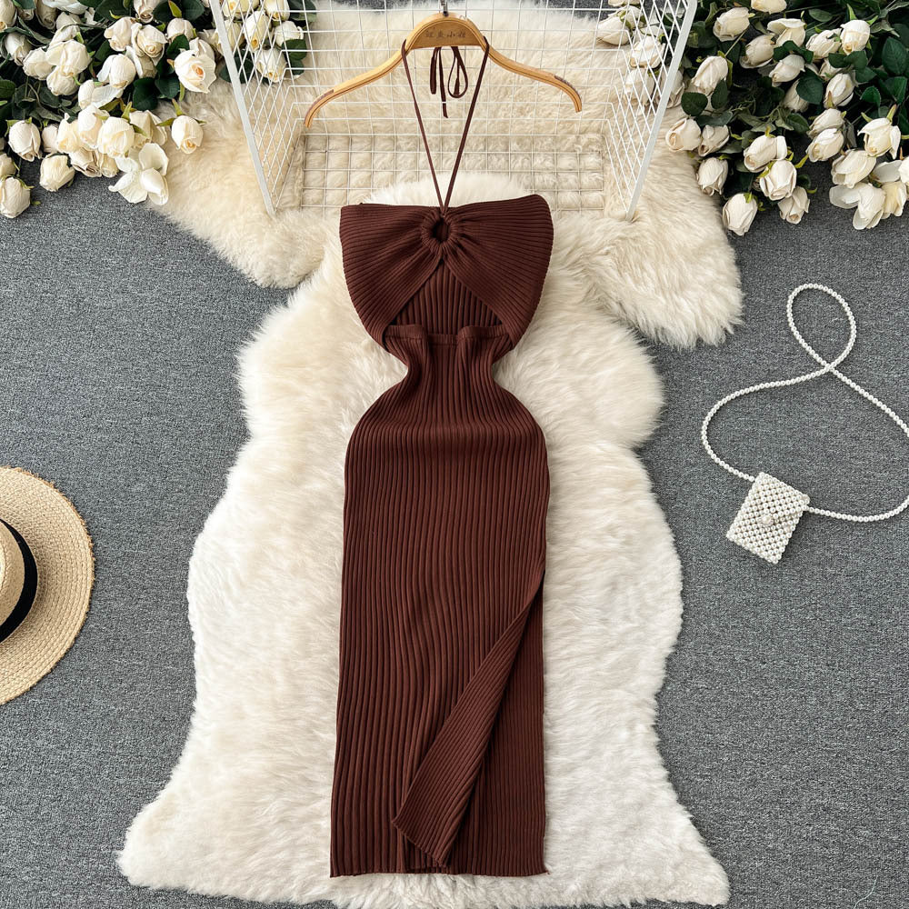 Spring and summer elegant socialite haltercut outtube top hip-covering long skirt women's tight sexybackless slit knitting long skirt