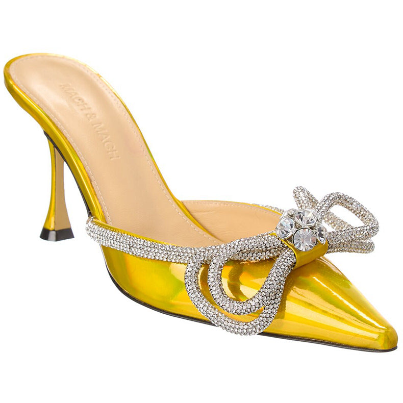 Slip-on laser bow rhinestone high-heeled slippers, stiletto heel, pointed toe, half-slippers, outwearfashion style personalized flash