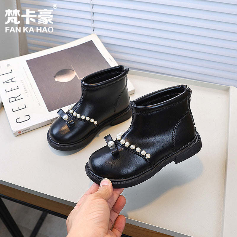 Vancahao girls' bowknot pearl princess boots - new autumn  korean style fashion ankle boots for girls and big kids