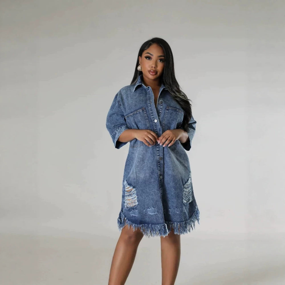 Amazon independent station  cross-border women's denim jacket with holes and tassels short-sleeved lapel european and american tie-dye