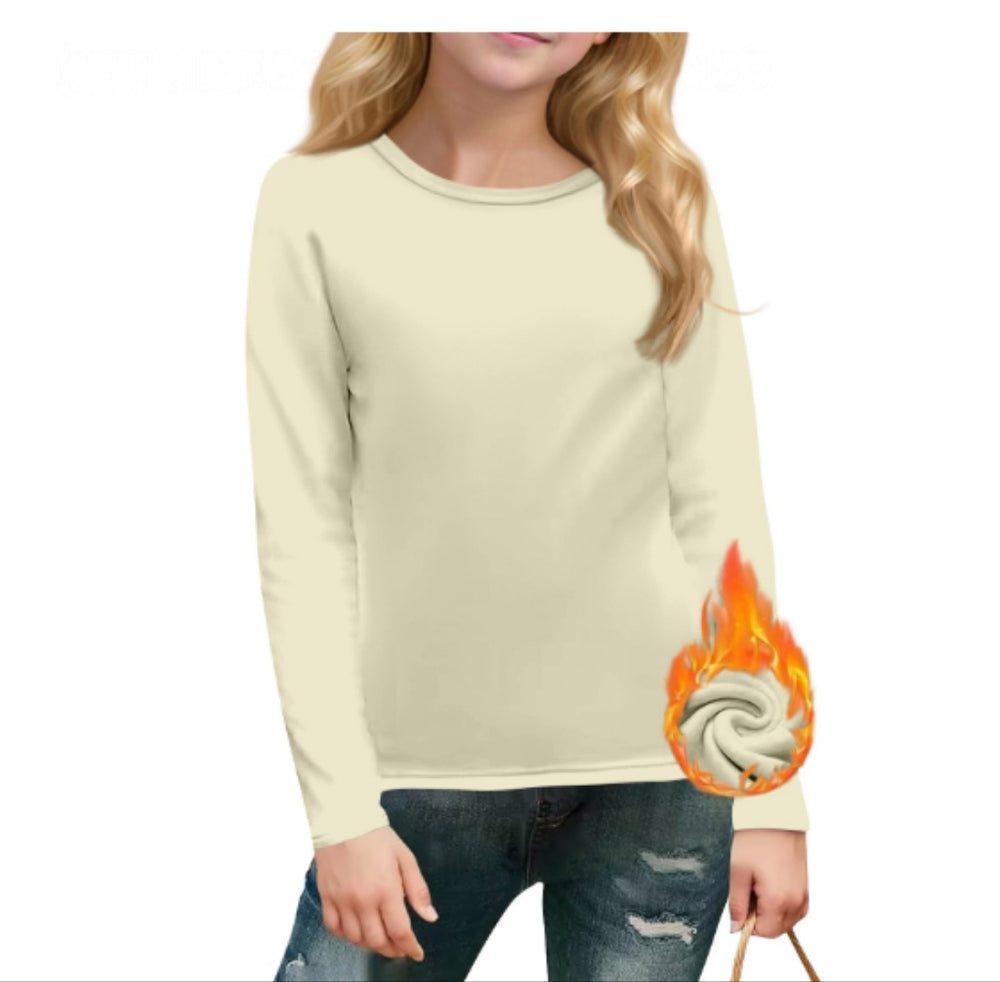 cross-border  autumn/winter new children's long-sleeve crew neck solid color everyday casual fleece-lined t-shirt top
