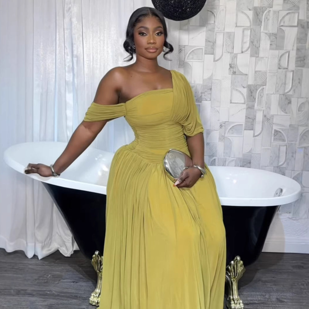 European and american cross-border african women's clothing  summer new arrival: elegant ruched solid color one-shoulder evening gown long dress