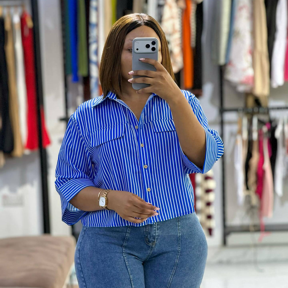 European and american cross-border women's fashion:  summer new arrival - stylish and elegant loose-fit turn-down collar design short striped blouse