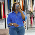 European and american cross-border women's fashion:  summer new arrival - stylish and elegant loose-fit turn-down collar design short striped blouse