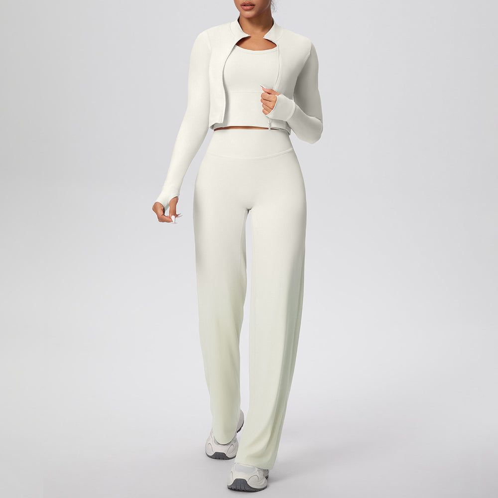 pure color brushed tight high-elastic vest wide-leg long three-piece set sports running fitness yoga suit