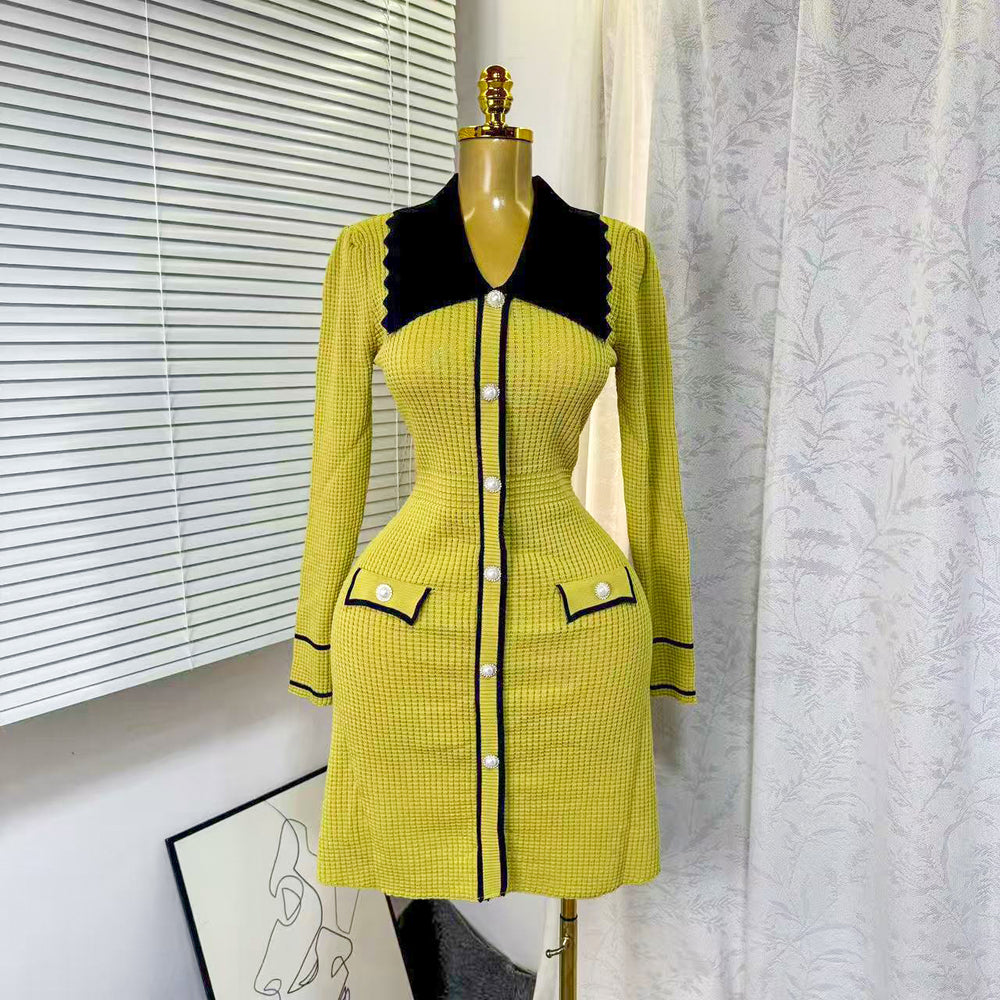 Autumn/winter chic: elegant color block knit dress with pearl button detail - slim fit, figure-flattering knit mini dress