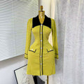 Autumn/winter chic: elegant color block knit dress with pearl button detail - slim fit, figure-flattering knit mini dress