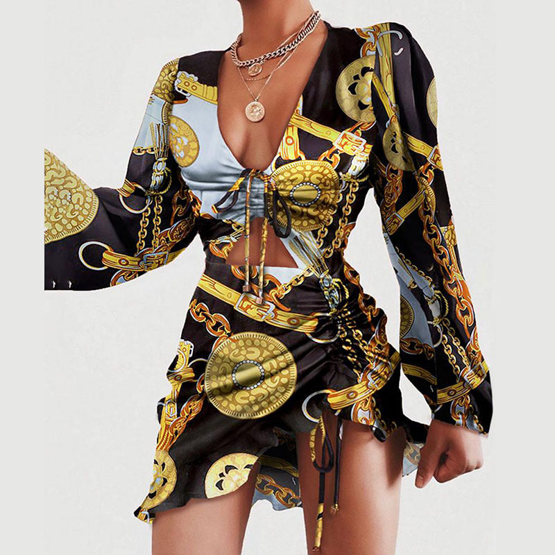 2025 new arrival: european & american style women's ruffle-trimmed leopard print long sleeve bodycon sexy drawstring dress