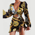 2025 new arrival: european & american style women's ruffle-trimmed leopard print long sleeve bodycon sexy drawstring dress