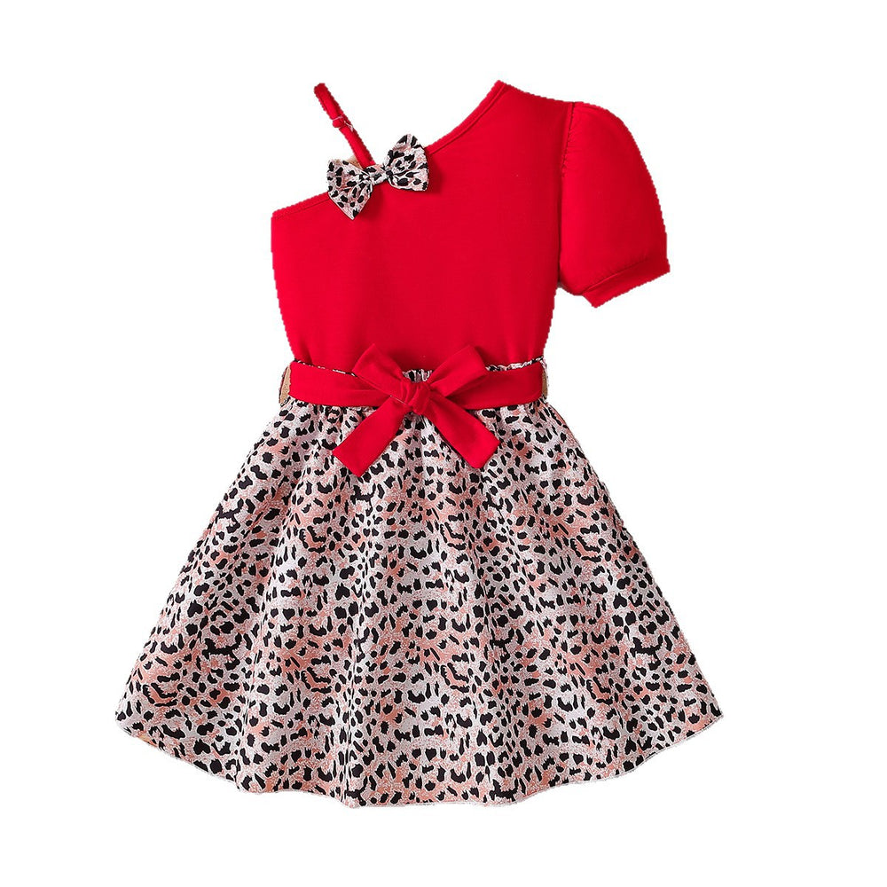Exportgirldress red oblique shoulder suspender skirt topsleopard print skirt bows belt kids skirt