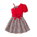 Exportgirldress red oblique shoulder suspender skirt topsleopard print skirt bows belt kids skirt