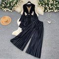 Classy sense of commuting style pleated pleated skirt three-quarter sleeve topshigh waistloose pants women's autumslimming looktwo-piece set