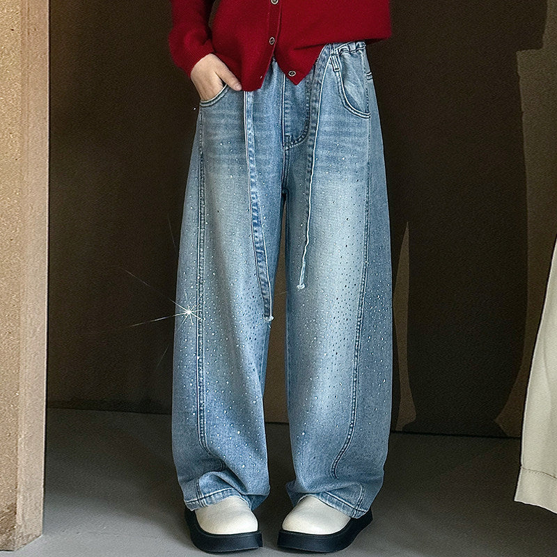 Girls'  high-waisted rhinestone denim jeans - spring/autumn street style, super stylish, seriously leg-lengthening, scalloped hem, mid-to-large size kids' clothing
