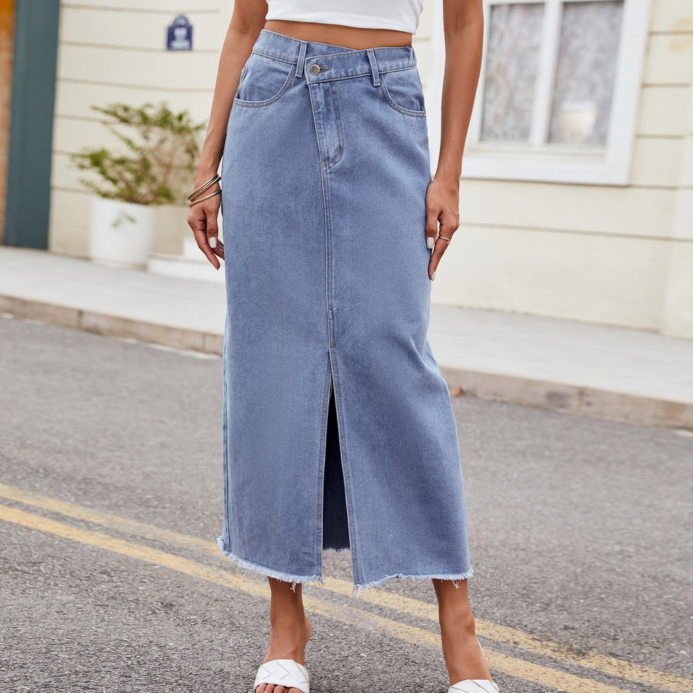 European and american cross-border e-commerce women's summer new arrivals:   washed asymmetrical denim slit maxi skirt