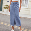European and american cross-border e-commerce women's summer new arrivals:   washed asymmetrical denim slit maxi skirt
