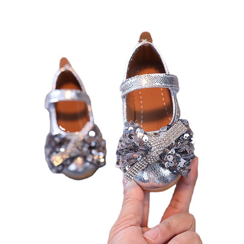 Girls' princess shoes - spring/autumn leather shoes for baby girls, summer soft-soled children's shoes, kids' shoes with sequin bow, princess style
