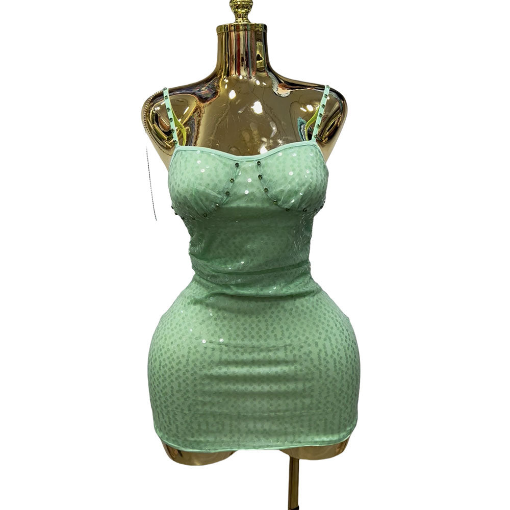 sourcing: diamond-cut, slim-fit, sexy sequin & beaded spaghetti strap mini dress - perfect for nightclubs & performances