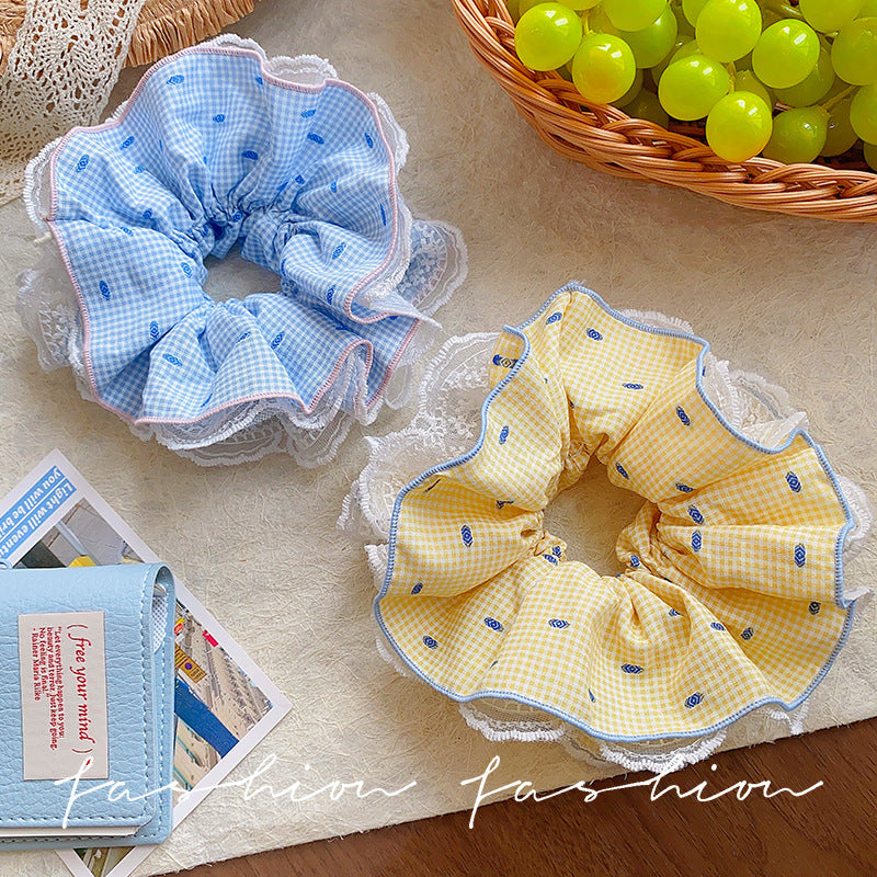 Large yellow floral plaid large intestine hair tie for women 2026new arrival ball hair rope forest style sweet ponytail hair rope