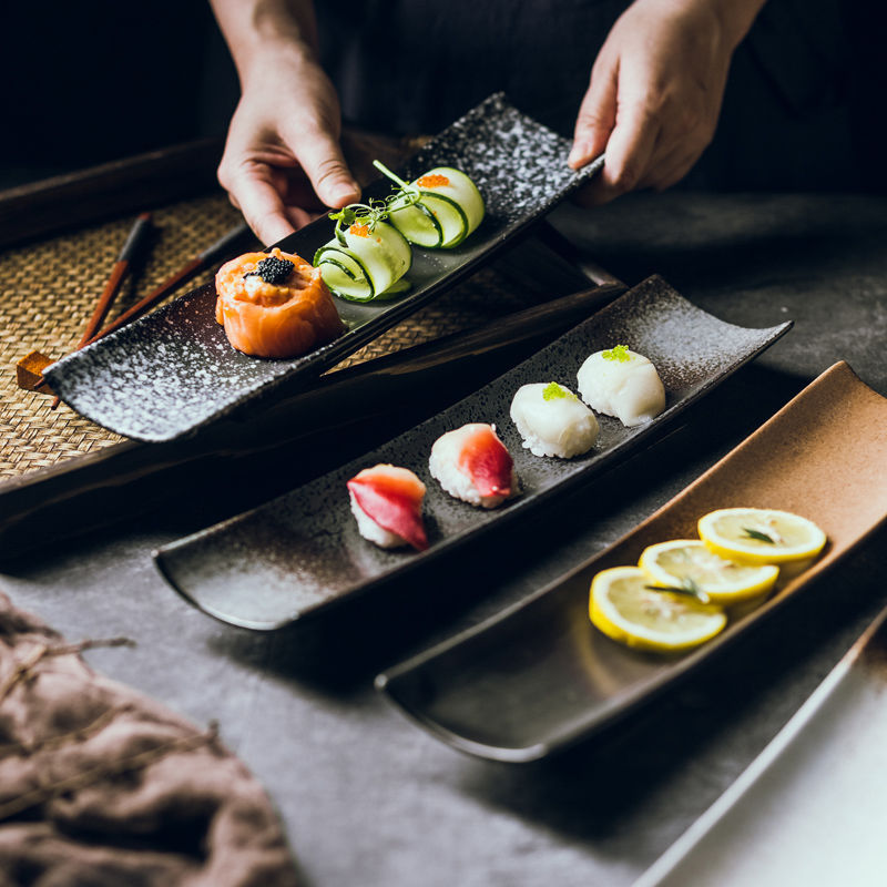 Japanese-style ceramic dessert platter - long serving plate for hotel, home, restaurant, sushi & sashimi presentation - creative tableware