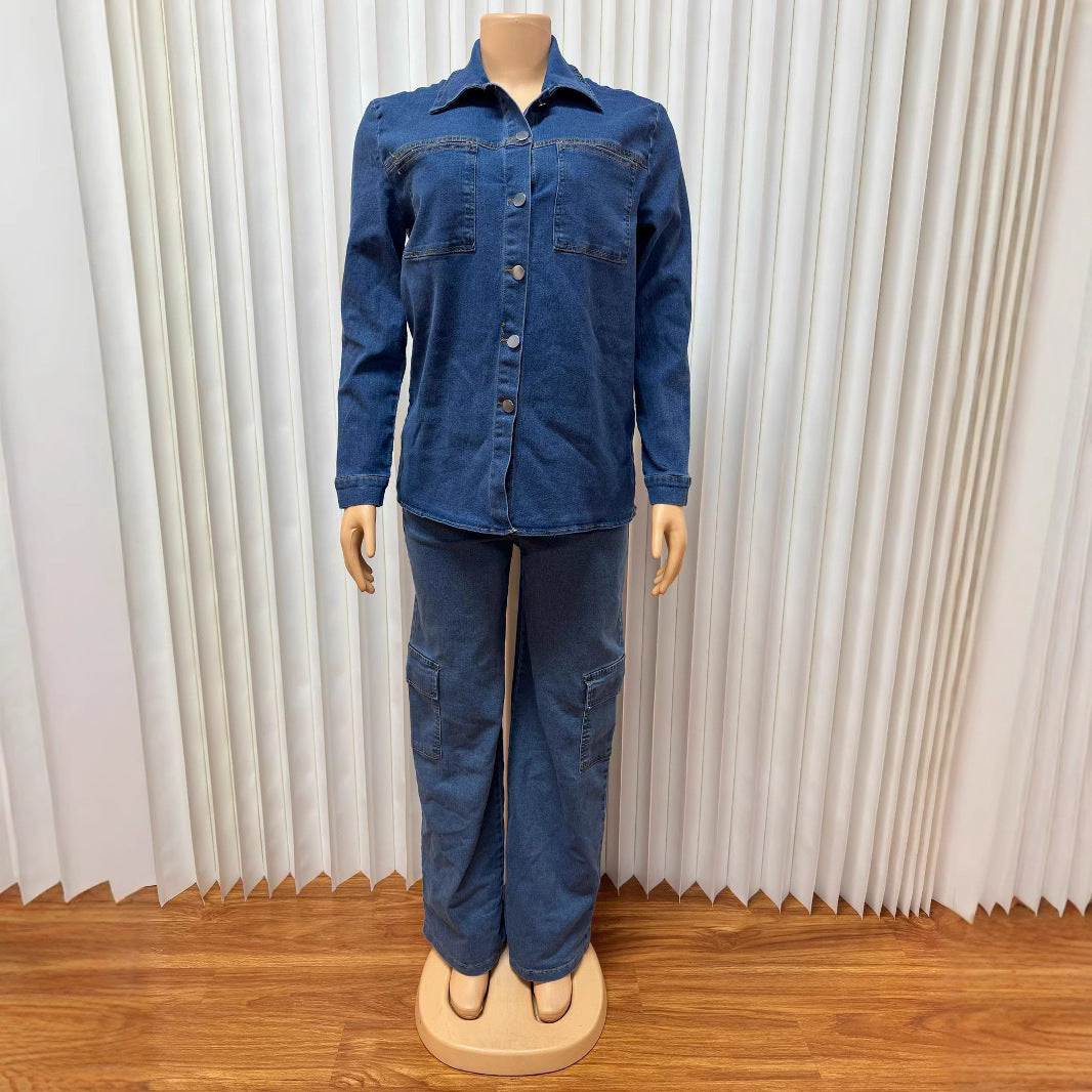 European and American new women's clothing loose lapel cardigan long-sleeved straight trousers multi-pocket denim suit