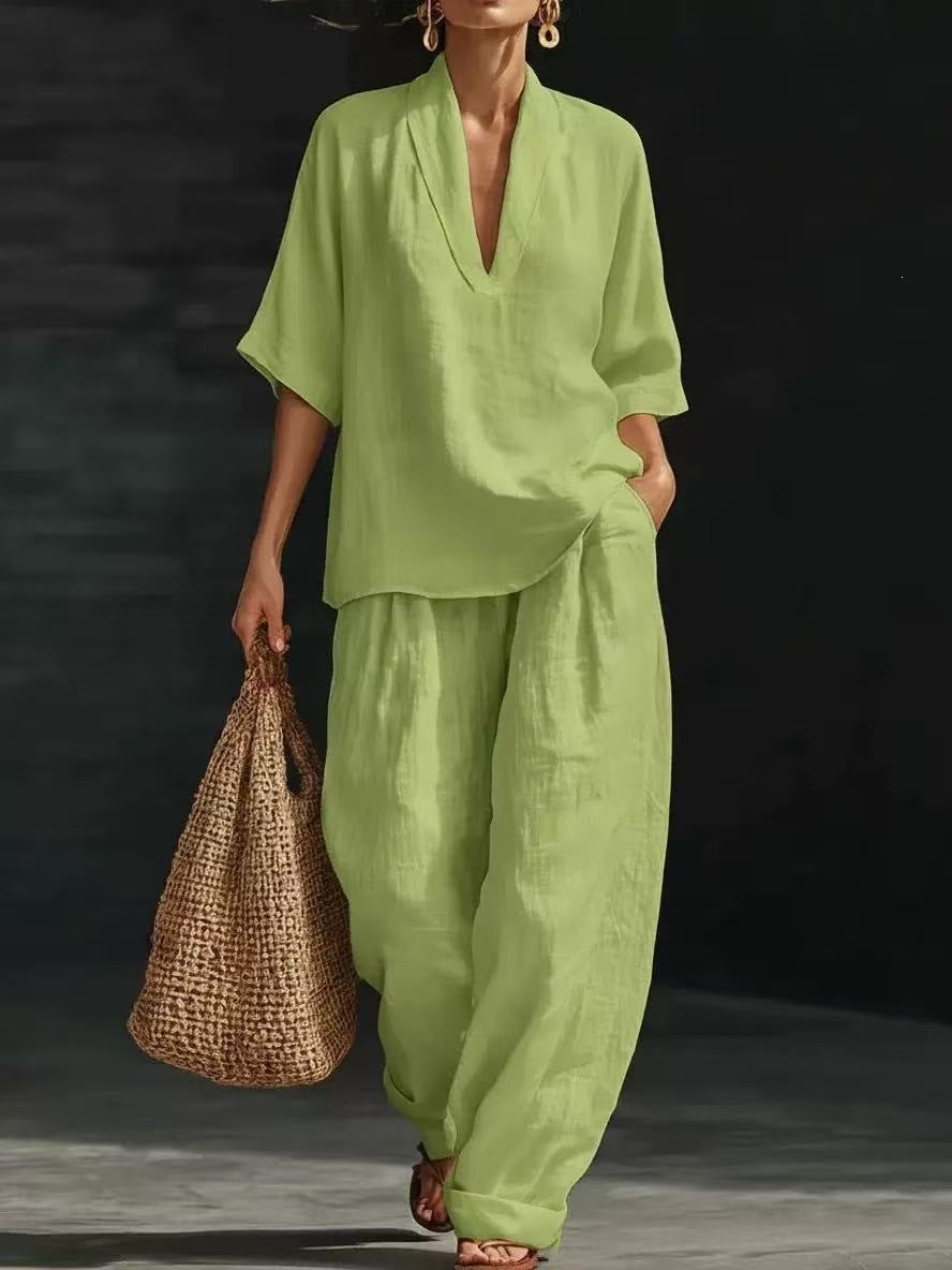 cross-border spring women's casual comfort linen two-piece set
