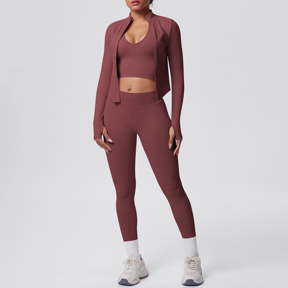 Seamless solid color compression breathable high-elastic yoga set - 3 piece workout outfit for running, fitness, and yoga
