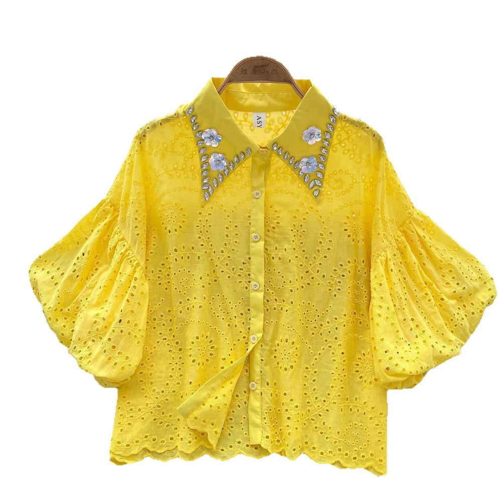 Accessible luxury palace style classy bubble sleeve shirt women's summer cut out crochet heavy industry diamond loose design tops