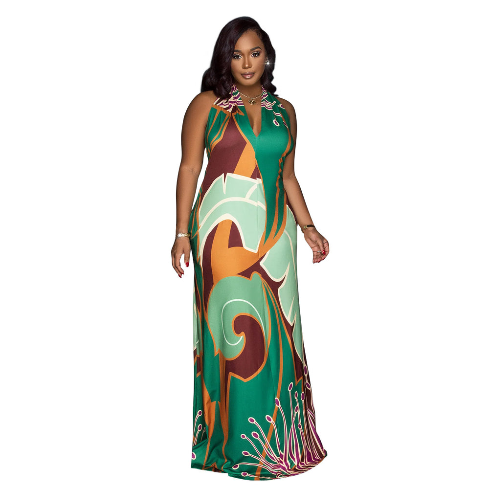 C6763 cross-border   fashion women's sexy printed sleeveless backless maxi dress