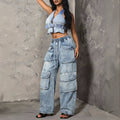Fashionjeans women's elastic drawstring waist snowflake washed multi-flap pocket pants workwear style loose wide leg denim pants