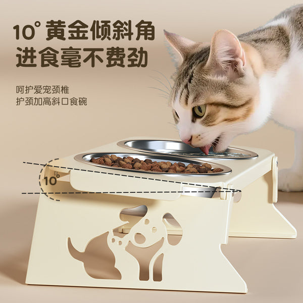 Stainless steel pet bowl double bowl foldable small dog food utensils special bowl plus high neck protection to prevent overturning cat water bowl