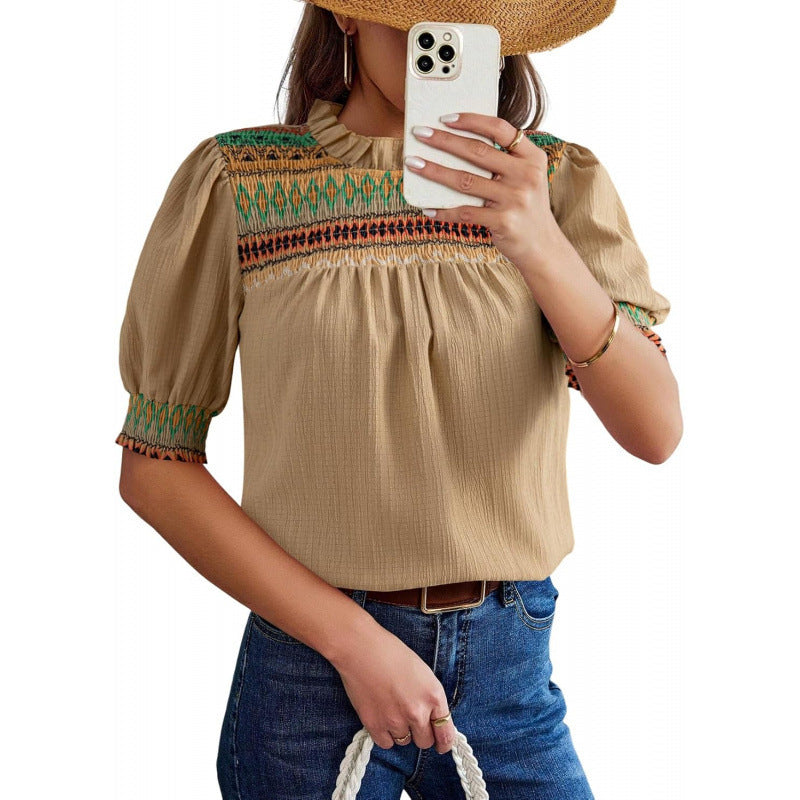 Amazon  summer new casual round neck bubble short sleeve bohemian embroidered shirt top for women