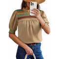 Amazon  summer new casual round neck bubble short sleeve bohemian embroidered shirt top for women