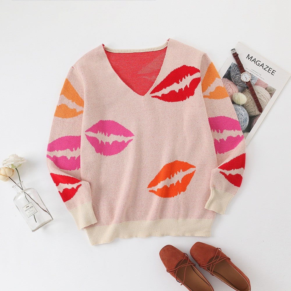 Cross-border European and American women's clothing 2025 autumn and winter new   KISS lip V-neck core-spun yarn pullover sweater