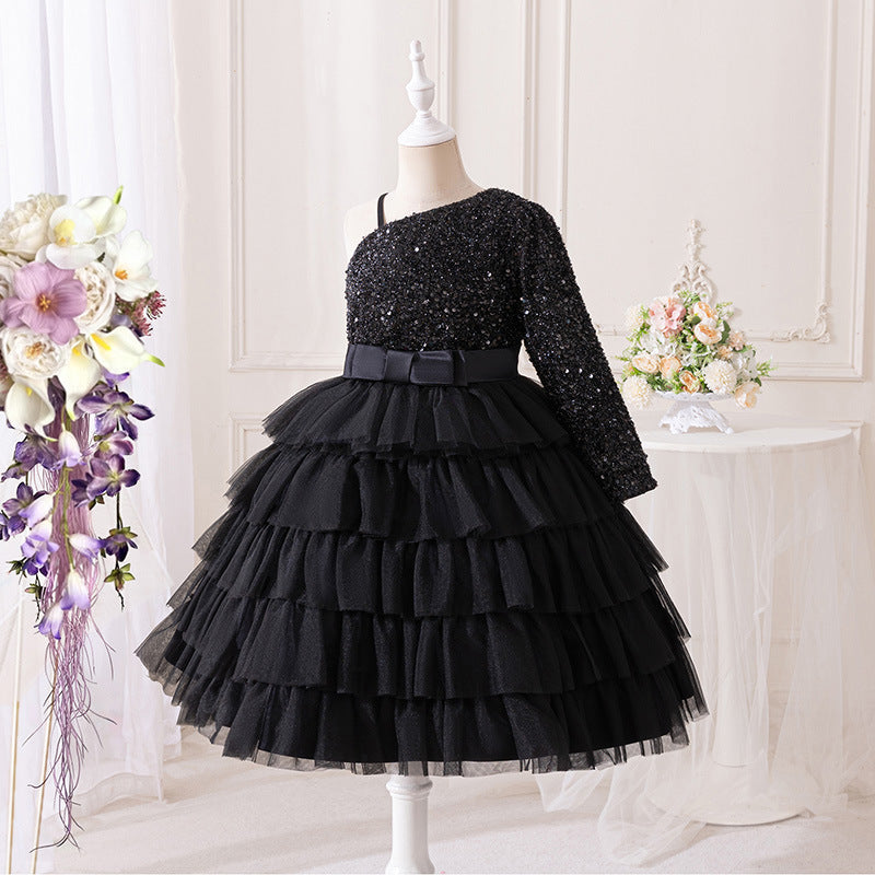 European and american style girls' birthday party one-shoulder princess dress, children's piano performance evening gown, sequin patchwork, cross-border wholesale