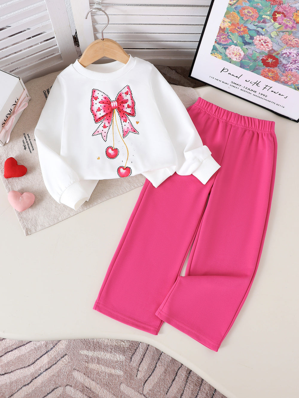 Kids clothing new arrivalfashionspring & fallgirlwhitelong sleevessweatshirt+rose redpants