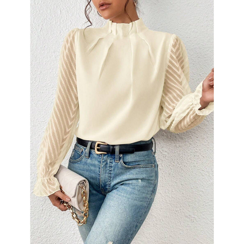 european and american cross-border women's fashion: new autumn/winter half-high neck, wavy pattern chiffon long sleeve top