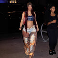new cross-border dirty denim leather 3d print wide-leg scimitar pants dopamine casual women's trousers