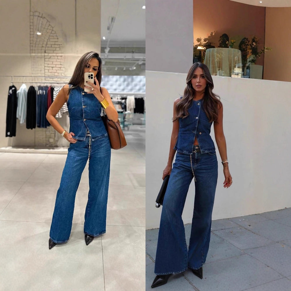 Amazon  fashion cross-border women's clothing  new denim sleeveless vest fashion wide leg denim suit
