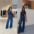 Amazon  fashion cross-border women's clothing  new denim sleeveless vest fashion wide leg denim suit