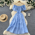 French chic off-the-shoulder bubble sleeve a-line dress - women's summer slimming, figure-flattering, elegant vacation maxi dress