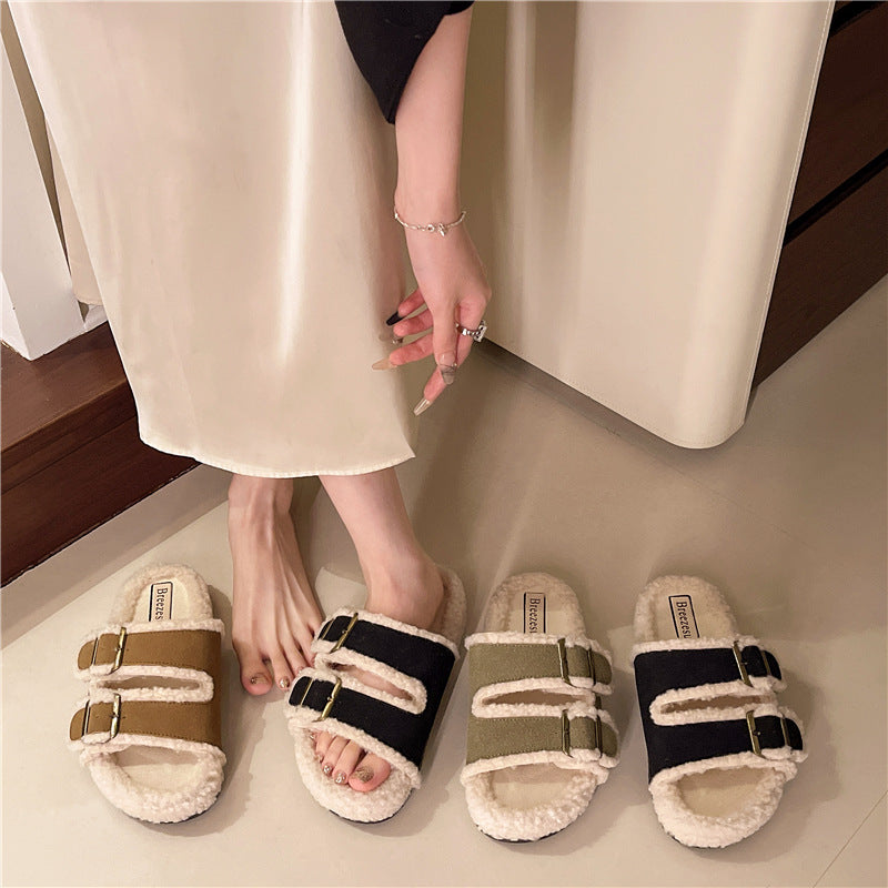 Winter warm lamb wool thick sole furry slippers women's outwear 2024autumnew arrival one strap fleece-lined cotton slippers