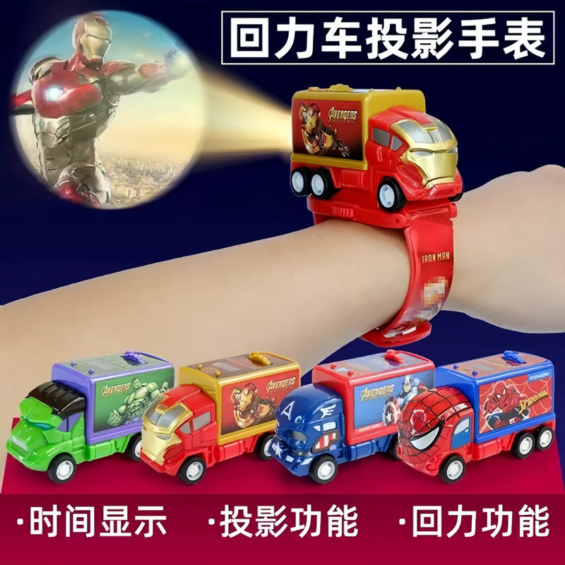 Kids' spider-man inertia pull-back car projector watch - luminous electronic watch gift for preschool and elementary school students
