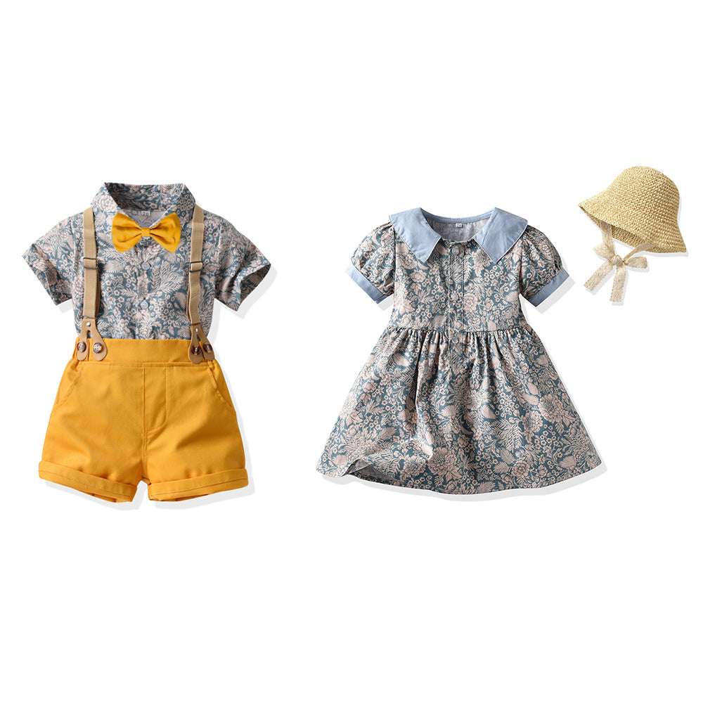 European and american style boys' outfit set: short-sleeve printed shirt, overalls, bow tie - beach-themed cross-border children's wear wholesale