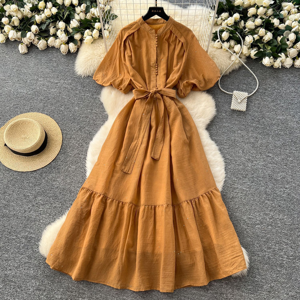 French fashion stand collar lantern sleeve tie-waist dress - slimming, elegant, sparkling ruffle hem maxi dress