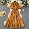 French fashion stand collar lantern sleeve tie-waist dress - slimming, elegant, sparkling ruffle hem maxi dress