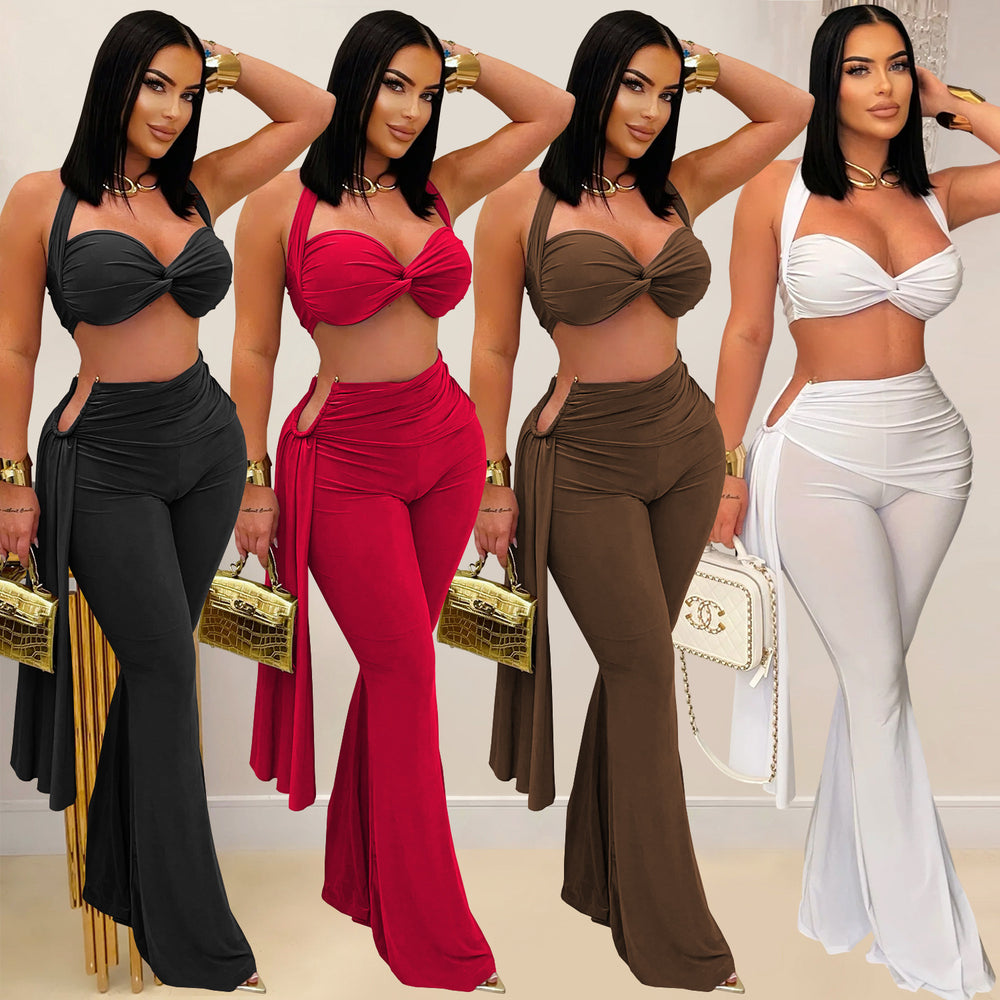 C7485 cross-border   fashion women's sexy summer bandeau top and tie-up pants set - new