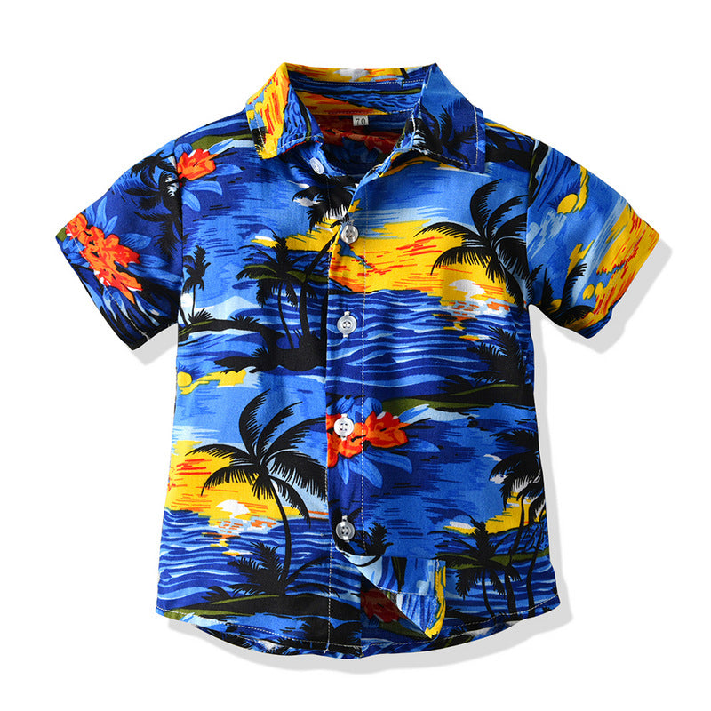 European and american cross-border children's clothing: dad & son vacation outfit, family matching beach style short-sleeve boy's floral shirt