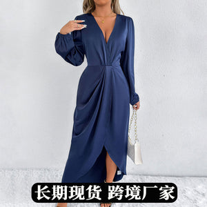 Real shot of european and american clothing cross-border summer new arrival satin european and american dressclassy sense  long skirt
