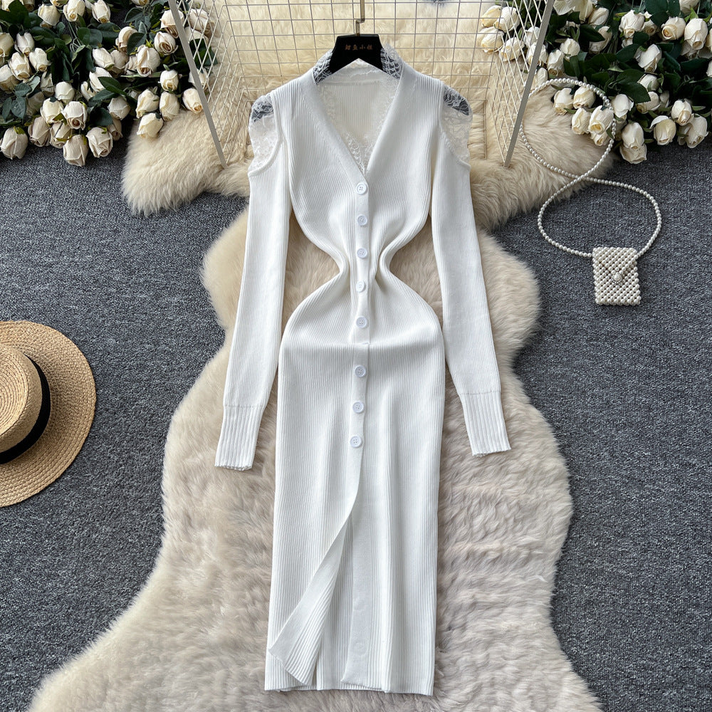 Celebrity niche style goddess style sexyv necklacepatchwork single breasted silmslimming look slit knittingdress female